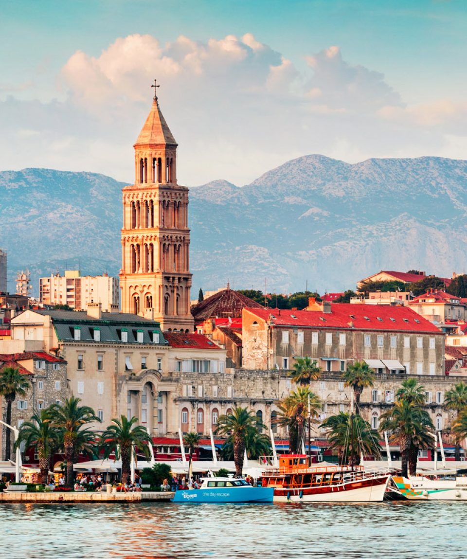 Colorful evening panorama of Split city with Diocletian palace.
