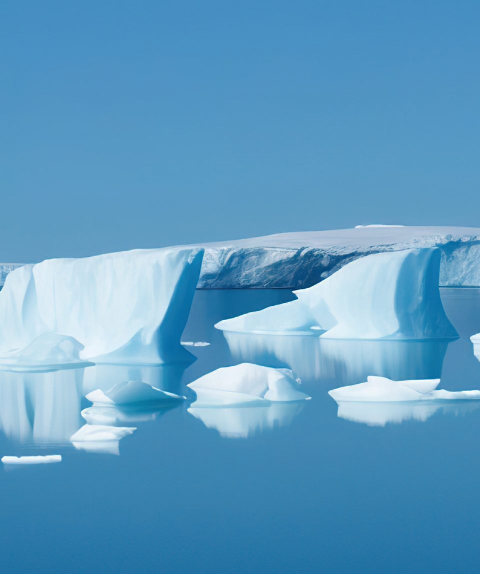 Reflection of icebergs in Disko bay.